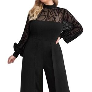 Curve Black Mesh Sleeve Jumpsuit with Sheer Overlay Skirt – Size 4XL